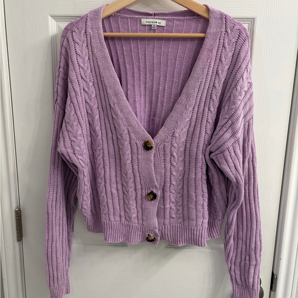 Hooked Up by IOT Lilac Cable Knit Cardigan